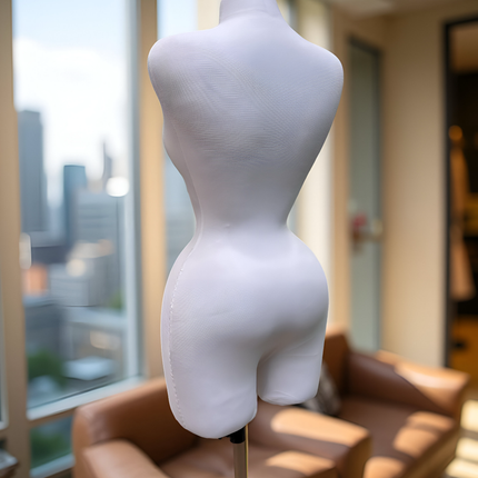 Maniquí forrado en tela blanco con base y pico dorados