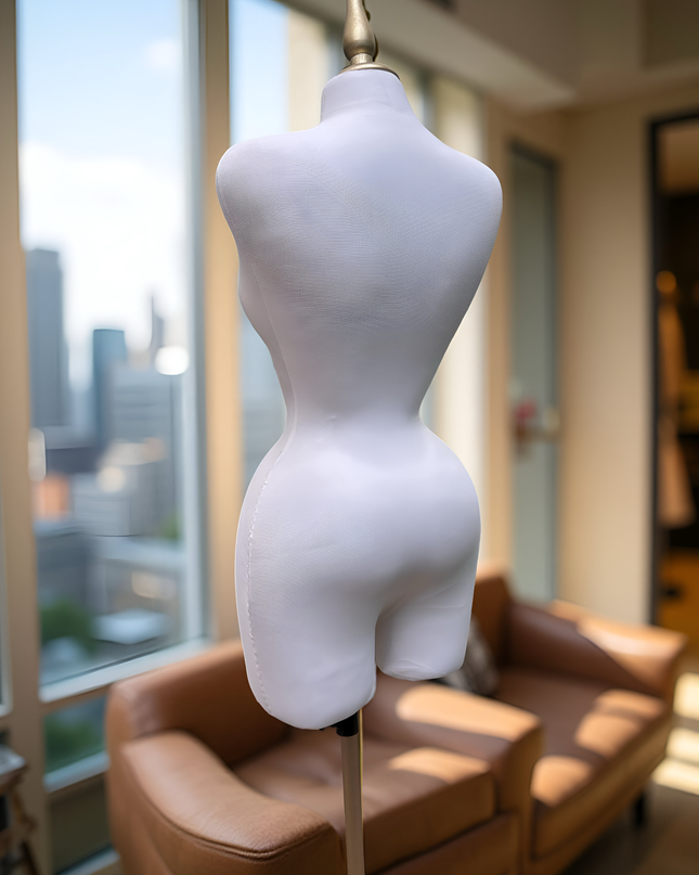 Maniquí forrado en tela blanco con base y pico dorados