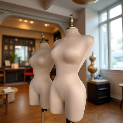 Maniquí forrado en tela beige con pivote base y tubo dorado