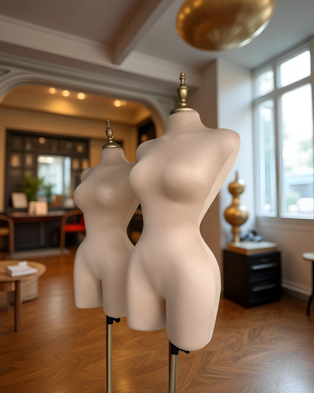 Maniquí forrado en tela beige con pivote base y tubo dorado
