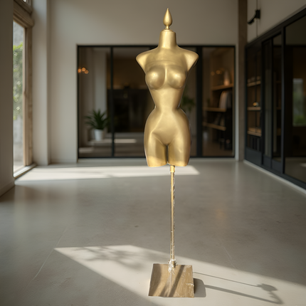 Maniquí buchón de fibra de vidrio tono dorado con base y pico dorado
