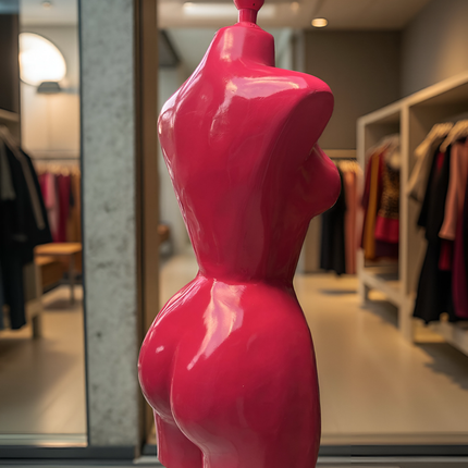 Maniquí buchón de fibra de vidrio tono Fiusha con base y pico Fiusha