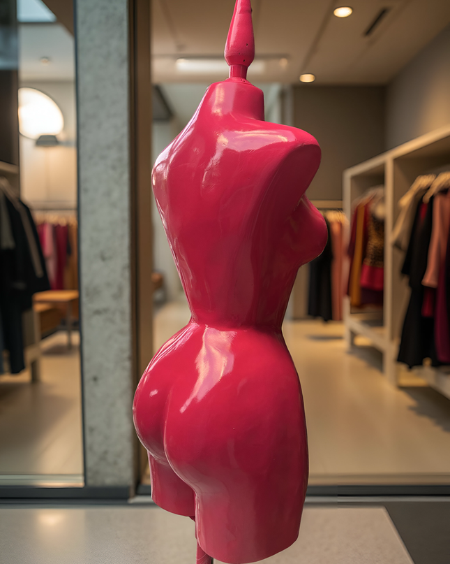Maniquí buchón de fibra de vidrio tono Fiusha con base y pico Fiusha
