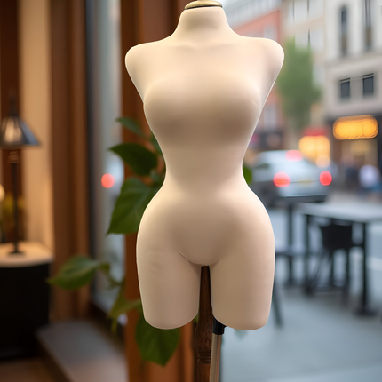 Maniquí forrado en tela beige con base y pico