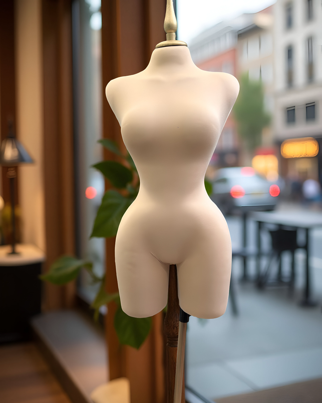 Maniquí forrado en tela beige con base y pico