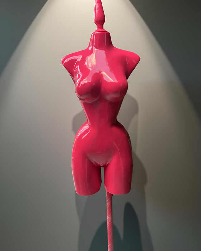 Maniquí buchón de fibra de vidrio tono Fiusha con base y pico Fiusha