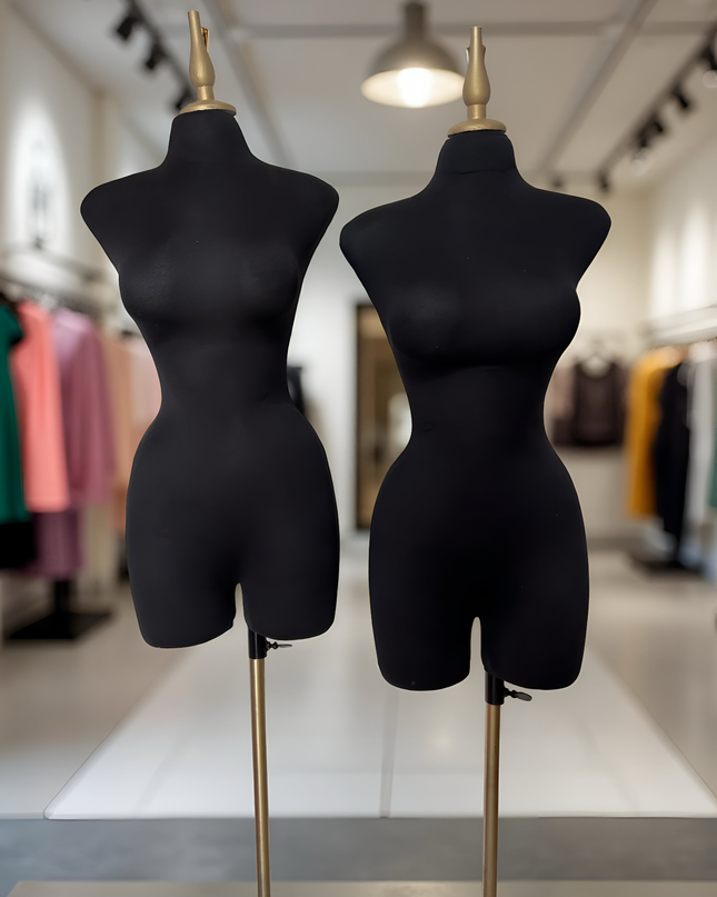 Maniquí forrado en tela negro con base y pico dorado