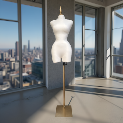 Maniquí forrado en tela blanco con base y pico dorados
