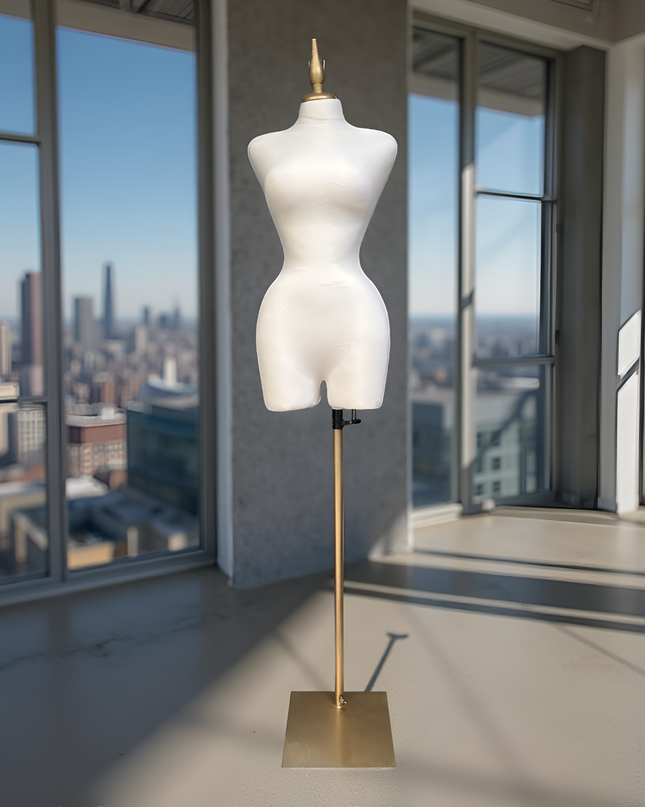 Maniquí forrado en tela blanco con base y pico dorados