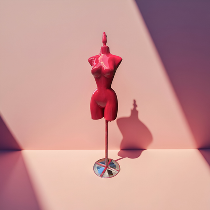 Maniquí buchón de fibra de vidrio tono Fiusha con base y pico Fiusha