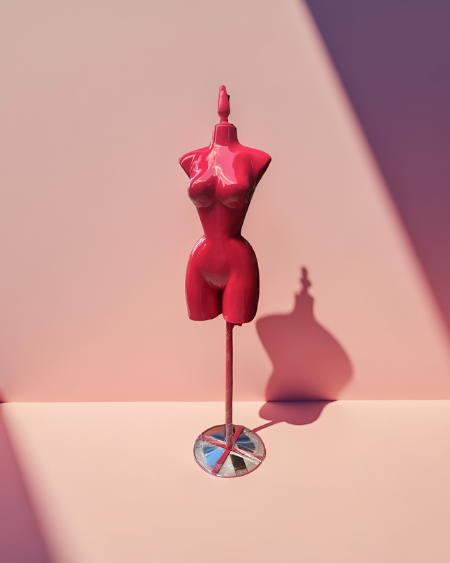 Maniquí buchón de fibra de vidrio tono Fiusha con base y pico Fiusha