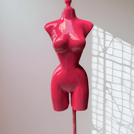 Maniquí buchón de fibra de vidrio tono Fiusha con base y pico Fiusha