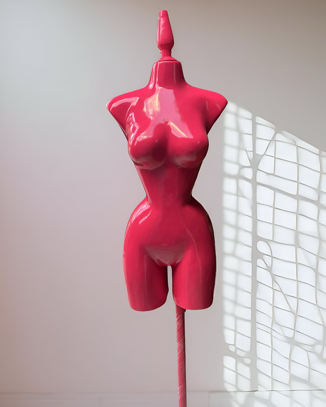 Maniquí buchón de fibra de vidrio tono Fiusha con base y pico Fiusha