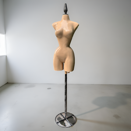 Maniquí buchón de fibra de vidrio tono piel con base y pico negro