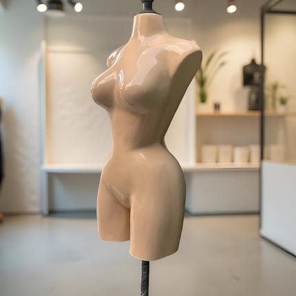 Maniquí buchón de fibra de vidrio tono piel con base y pico negro