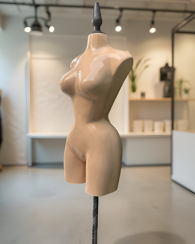 Maniquí buchón de fibra de vidrio tono piel con base y pico negro