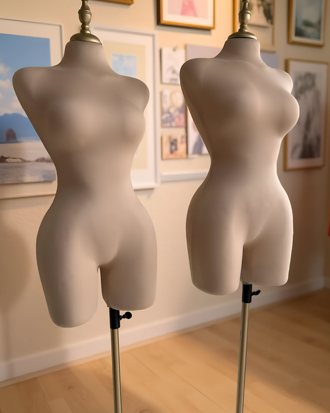 Maniquí forrado en tela beige con pivote base y tubo dorado