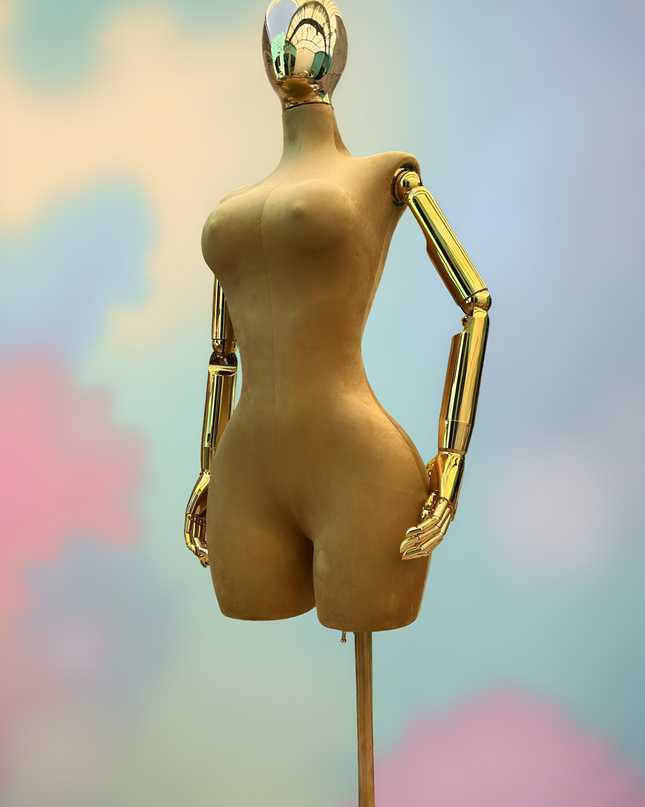 Maniquí articulado con cabeza y base cromada café