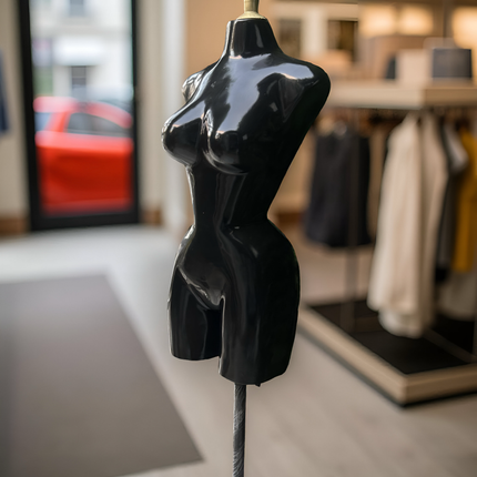 Maniquí buchón de fibra de vidrio tono negro con base y pico dorado