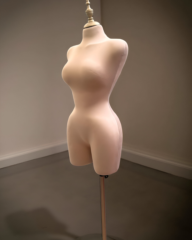 Maniquí forrado en tela beige con pivote base y tubo dorado