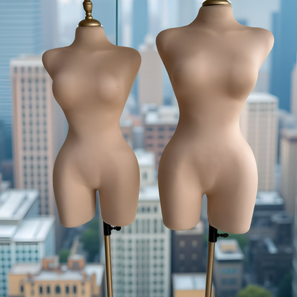 Maniquí forrado en tela beige con pivote base y tubo dorado