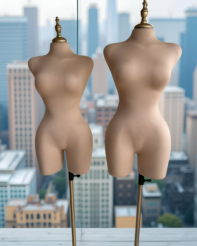 Maniquí forrado en tela beige con pivote base y tubo dorado