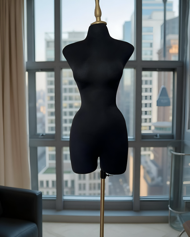Maniquí forrado en tela negro con base y pico dorado