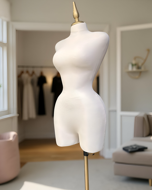 Maniquí forrado en tela blanco con base y pico dorados