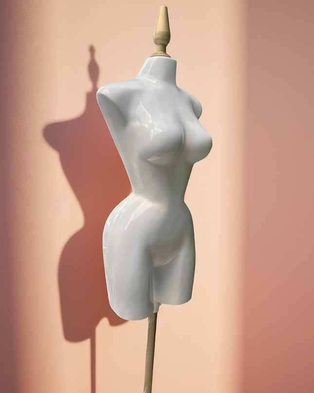 Maniquí buchón de fibra de vidrio tono blanco con base y pico dorado