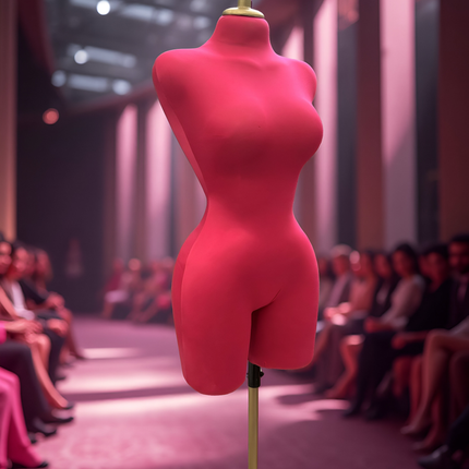 Maniquí forrado en tela fiusha con pico y base dorada