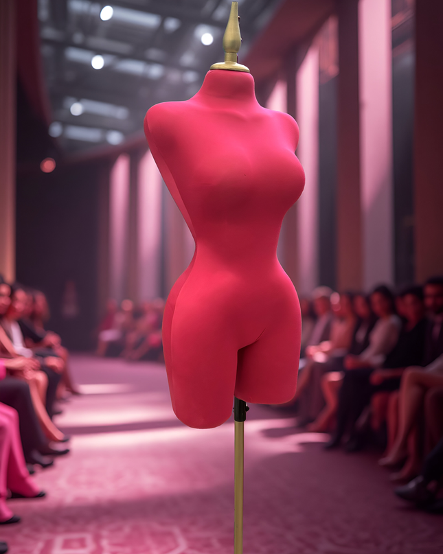 Maniquí forrado en tela fiusha con pico y base dorada