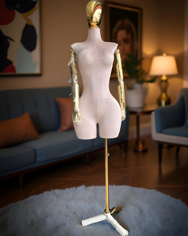 Maniquí articulado con cabeza y base cromada beige