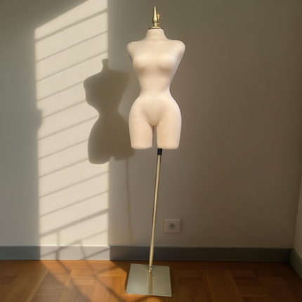 Maniquí forrado en tela beige con base y pico