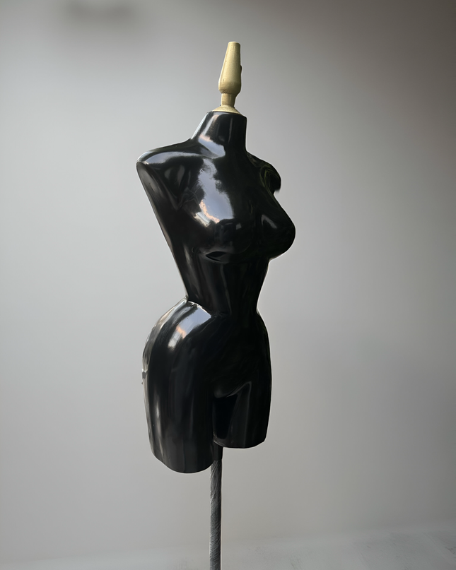 Maniquí buchón de fibra de vidrio tono negro con base y pico dorado