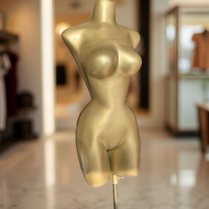 Maniquí buchón de fibra de vidrio tono dorado con base y pico dorado