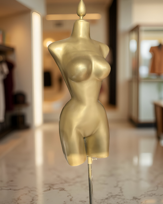 Maniquí buchón de fibra de vidrio tono dorado con base y pico dorado