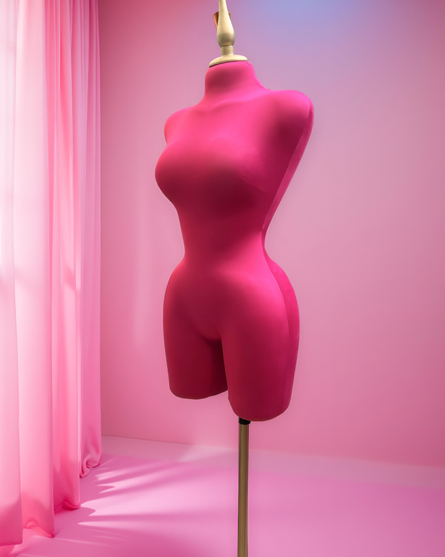 Maniquí forrado en tela fiusha con pico y base dorada