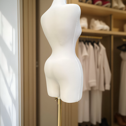 Maniquí forrado blanco en tela con base y pivote