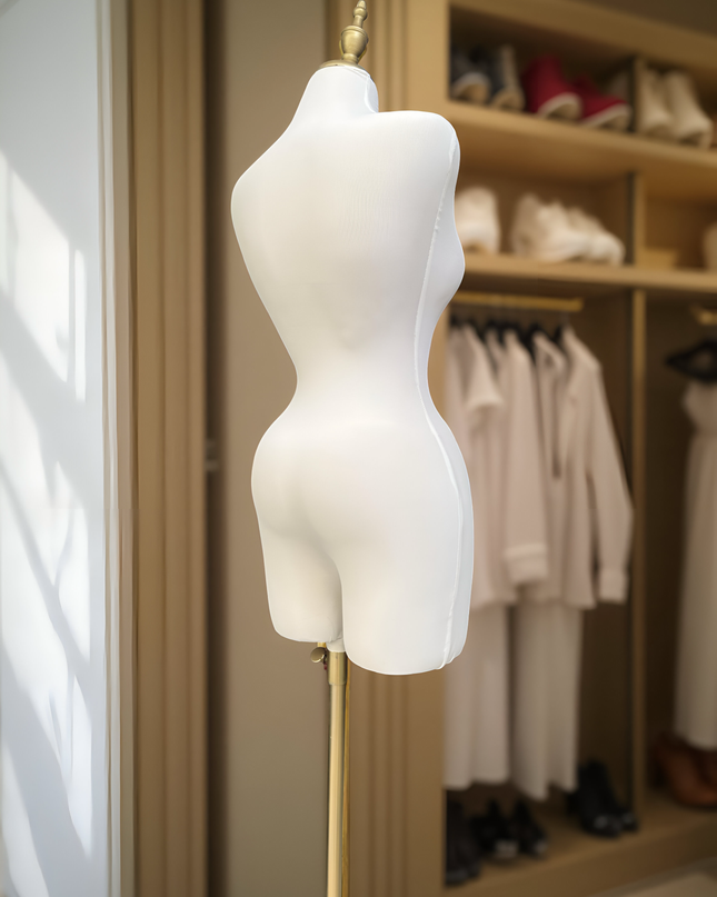 Maniquí forrado blanco en tela con base y pivote