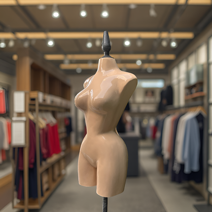 Maniquí buchón de fibra de vidrio tono piel con base y pico negro