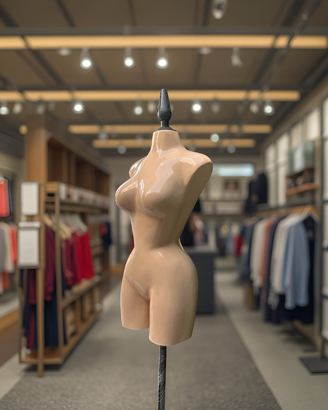 Maniquí buchón de fibra de vidrio tono piel con base y pico negro