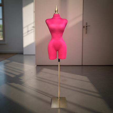 Maniquí forrado en tela fiusha con pico y base dorada