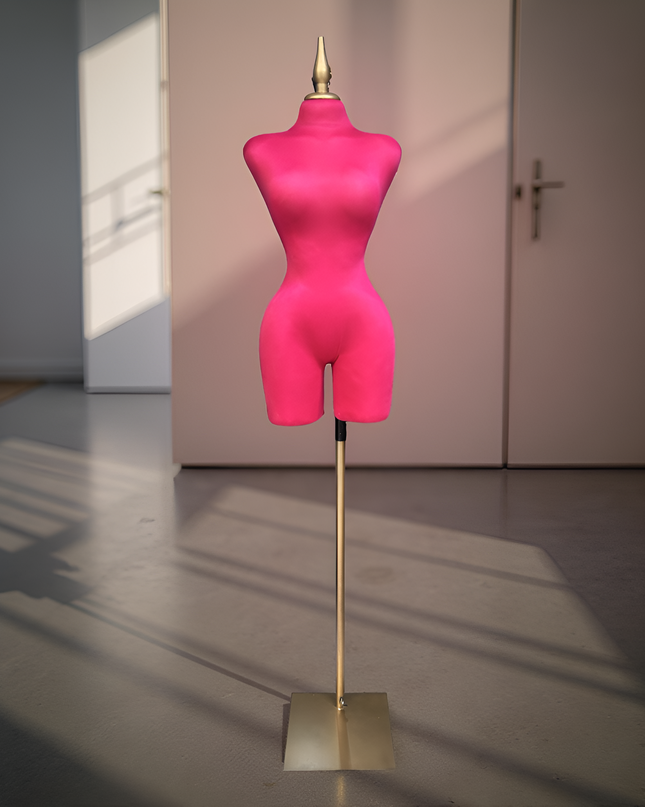 Maniquí forrado en tela fiusha con pico y base dorada