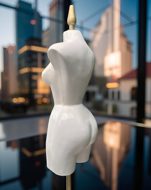 Maniquí buchón de fibra de vidrio tono blanco con base y pico dorado