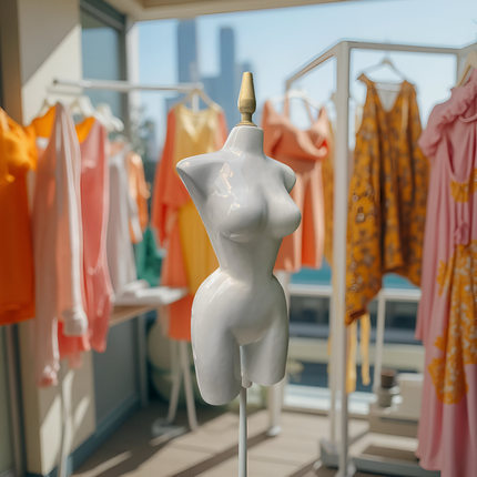 Maniquí buchón de fibra de vidrio tono blanco con base y pico dorado