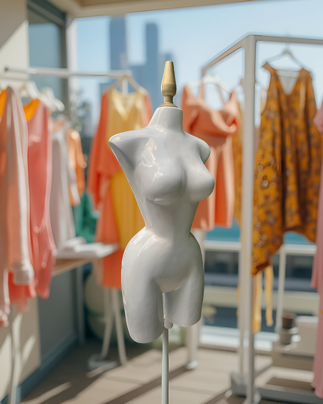 Maniquí buchón de fibra de vidrio tono blanco con base y pico dorado