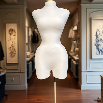 Maniquí forrado en tela blanco con base y pico dorados
