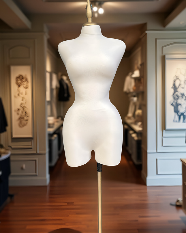 Maniquí forrado en tela blanco con base y pico dorados