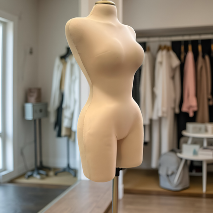 Maniquí forrado en tela beige con base y pico