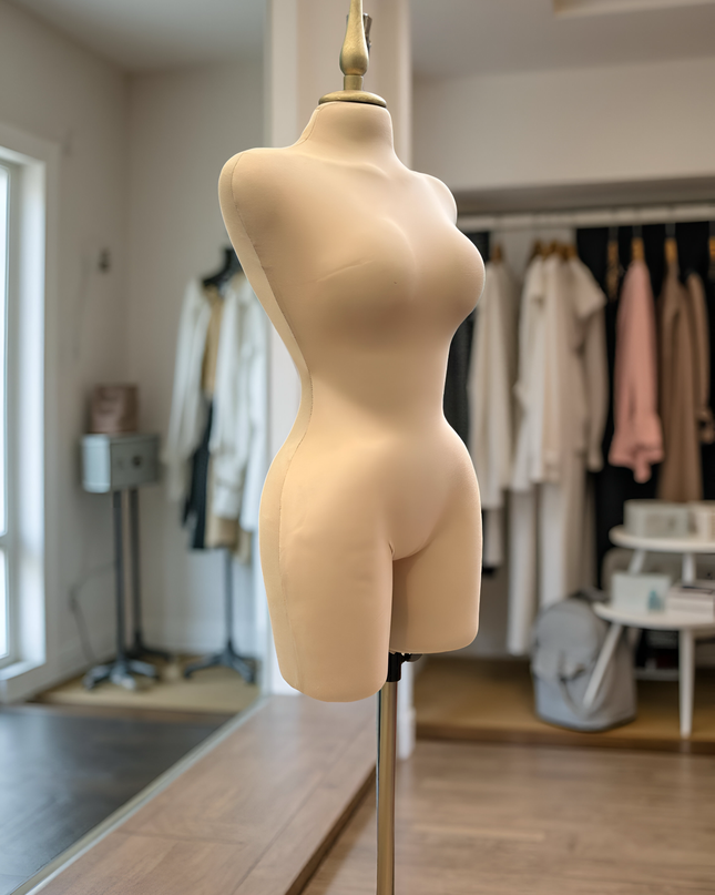 Maniquí forrado en tela beige con base y pico